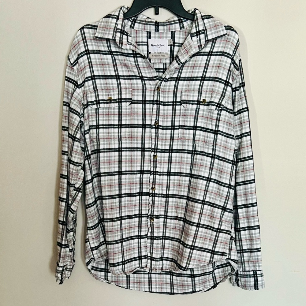 GOODFELLOW & CO Men’s Button Up Gray and Black Plaid Flannel Shirt Size Large